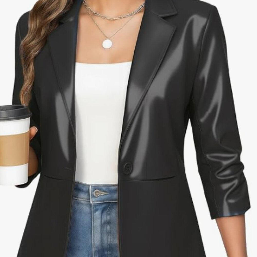 Ommiivex Women's Black faux leather Blazer Jacket size XL (see comments)